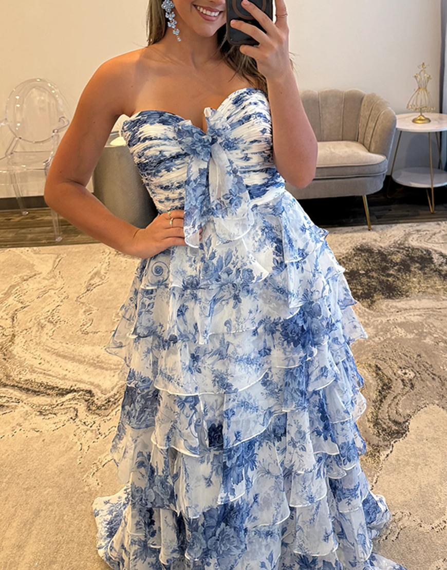 White Blue Floral Strapless A Line Ruffled Long Prom Dress with Slit