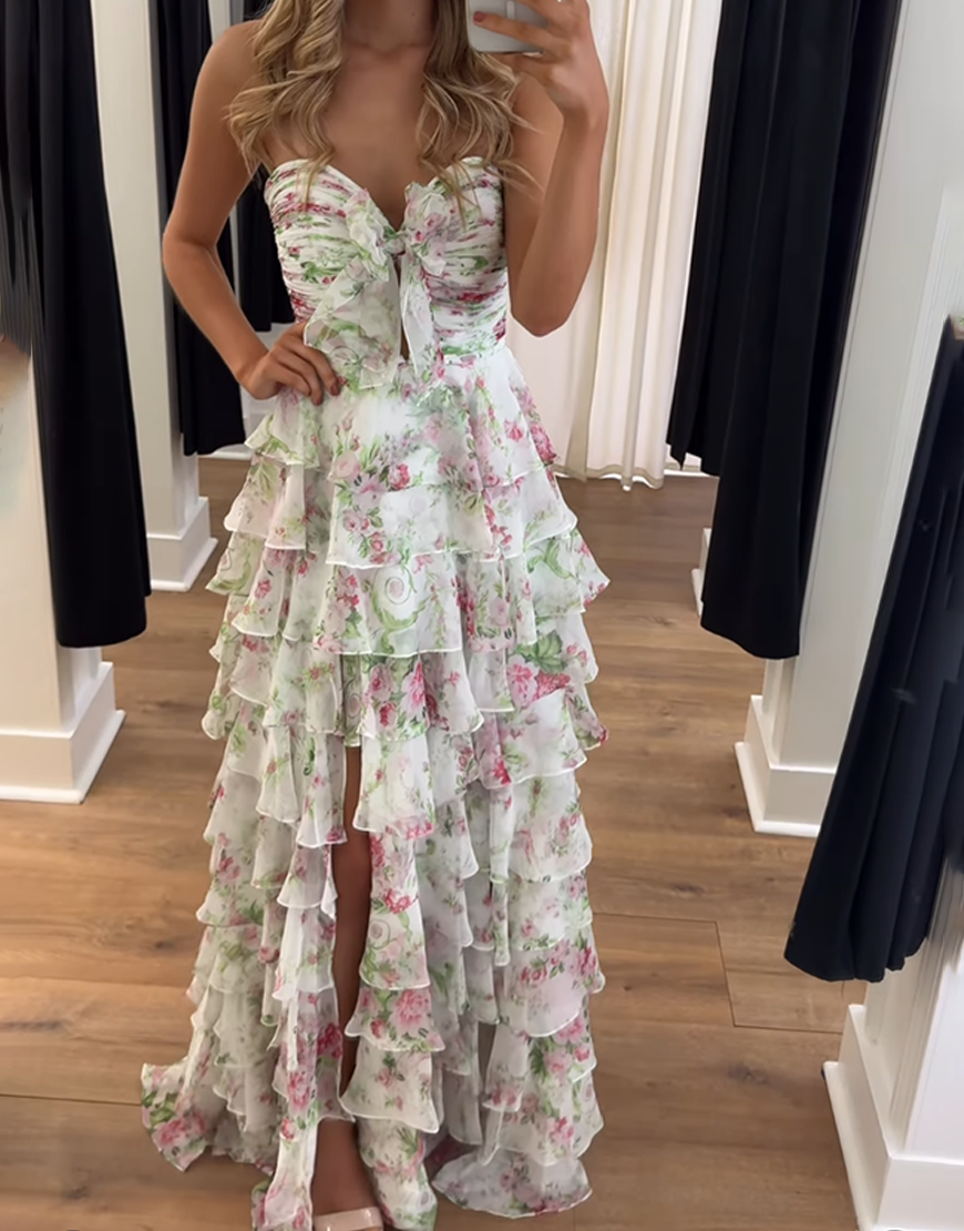 White Floral Sweetheart Ruffled Tiered Long Prom Dress with Bow