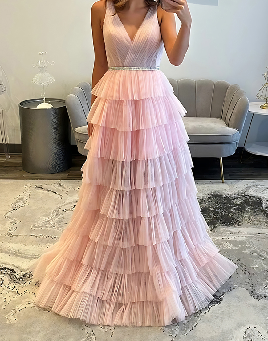 Blush V-Neck Ruffled Pleated Tiered Long Prom Dress