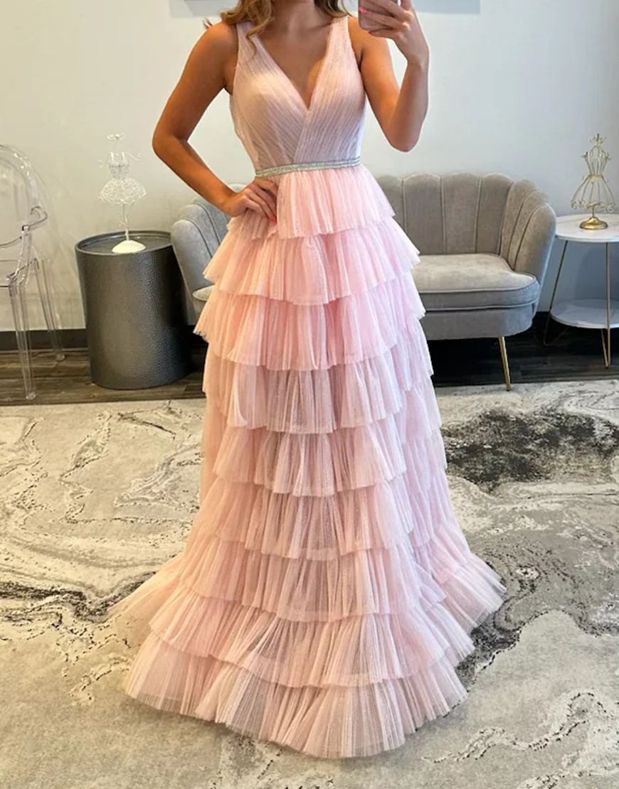 Blush V-Neck Ruffled Pleated Tiered Long Prom Dress