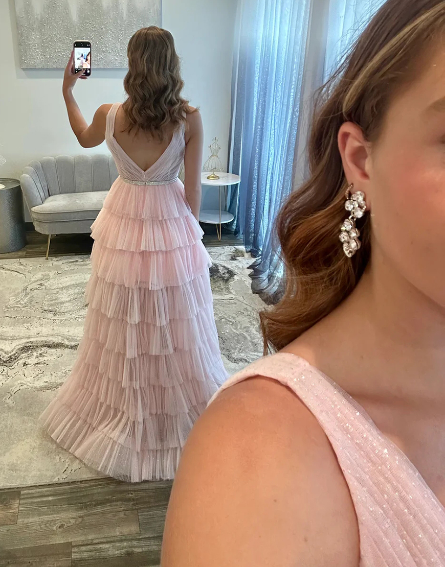 Blush V-Neck Ruffled Pleated Tiered Long Prom Dress