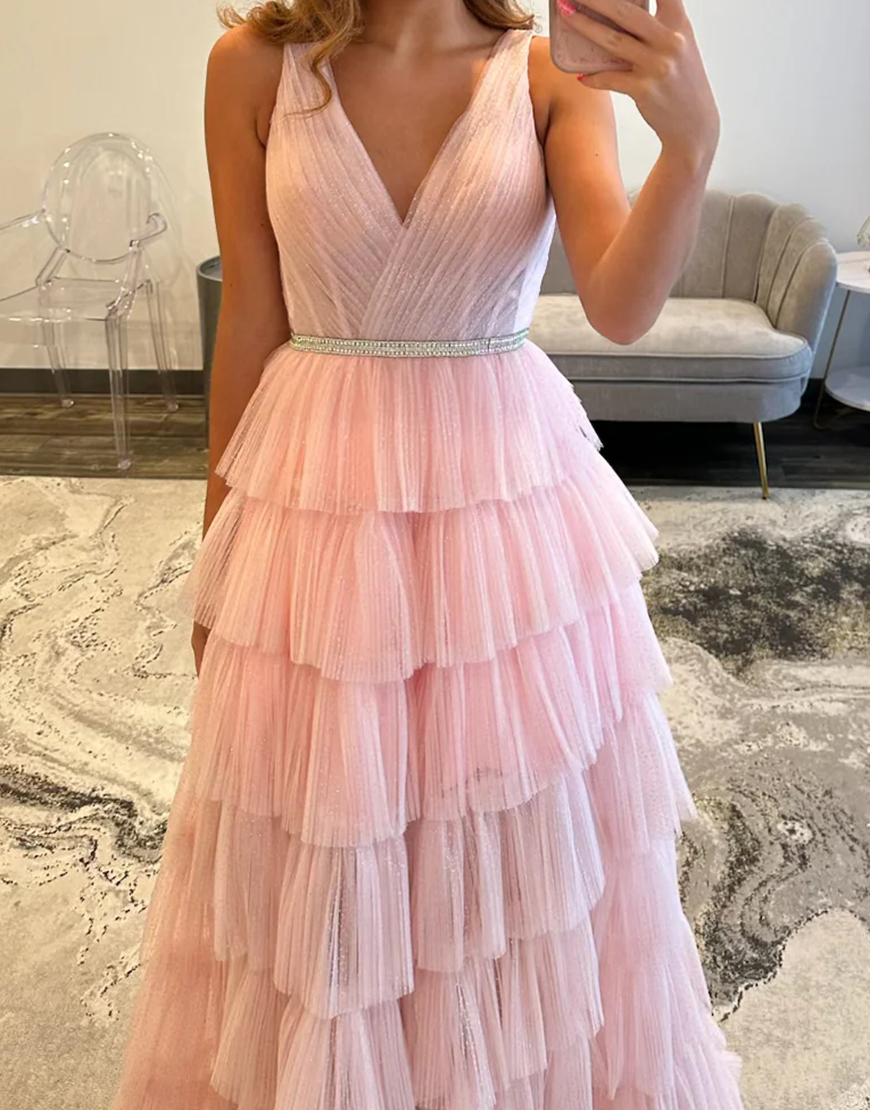 Blush V-Neck Ruffled Pleated Tiered Long Prom Dress