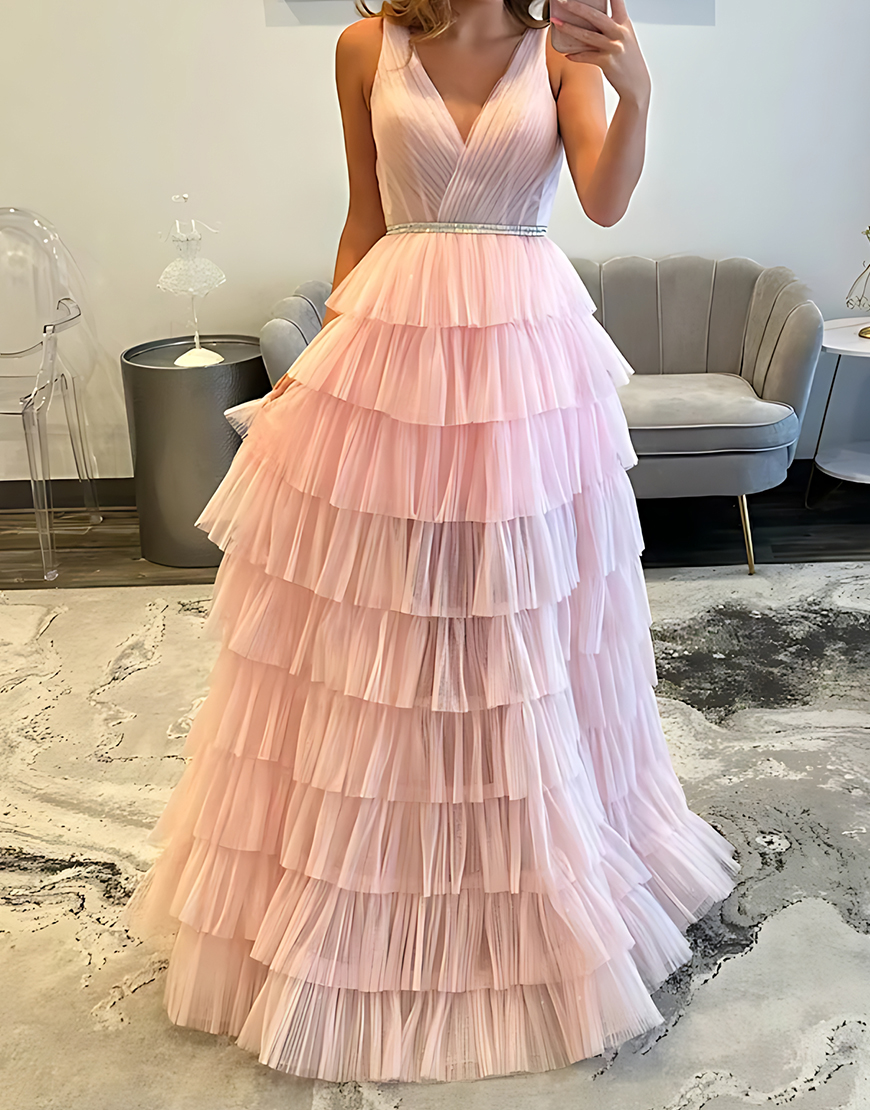Blush V-Neck Ruffled Pleated Tiered Long Prom Dress