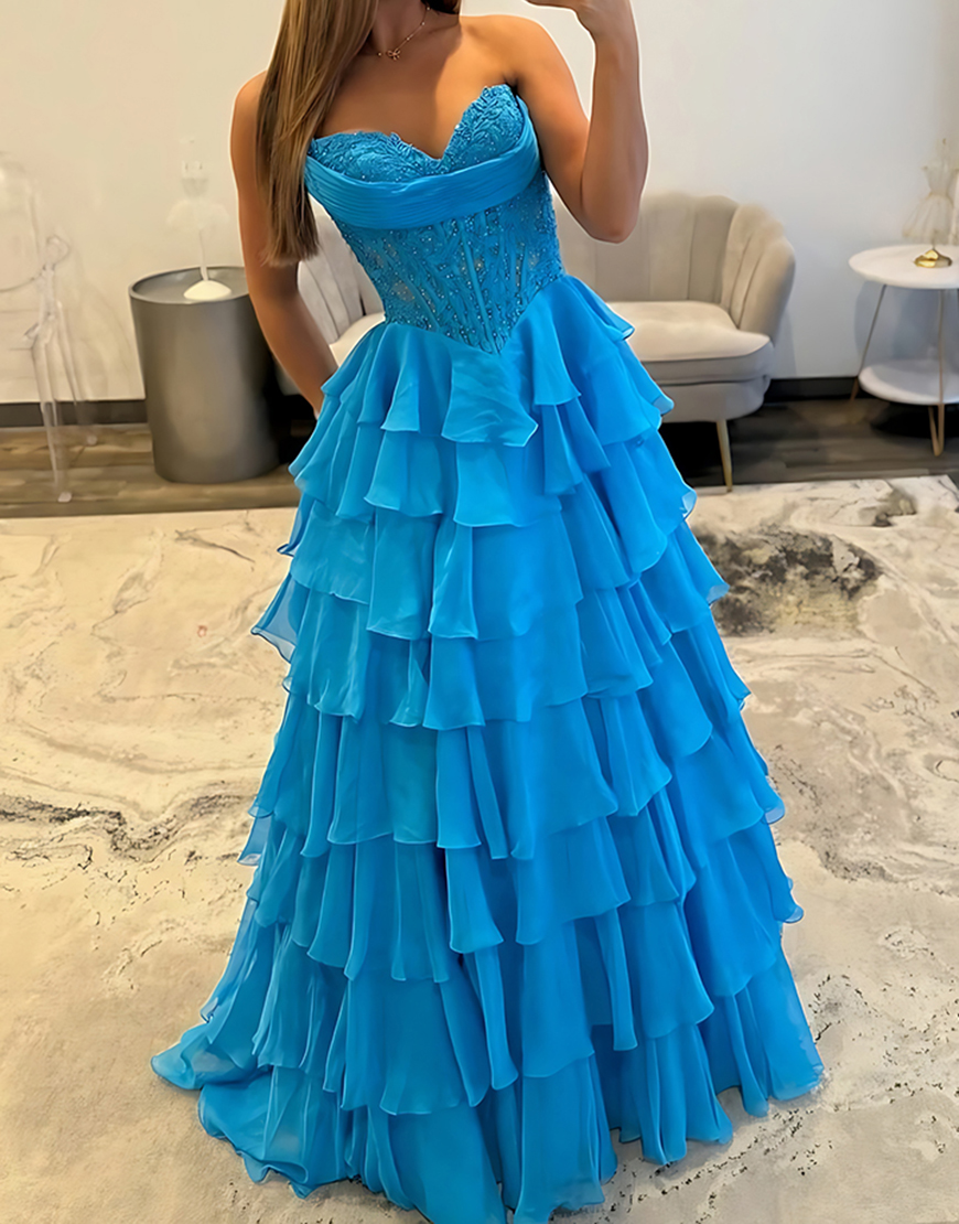 Blue A-Line Sweetheart Tiered Ruffled Corset Long Prom Dress with Lace