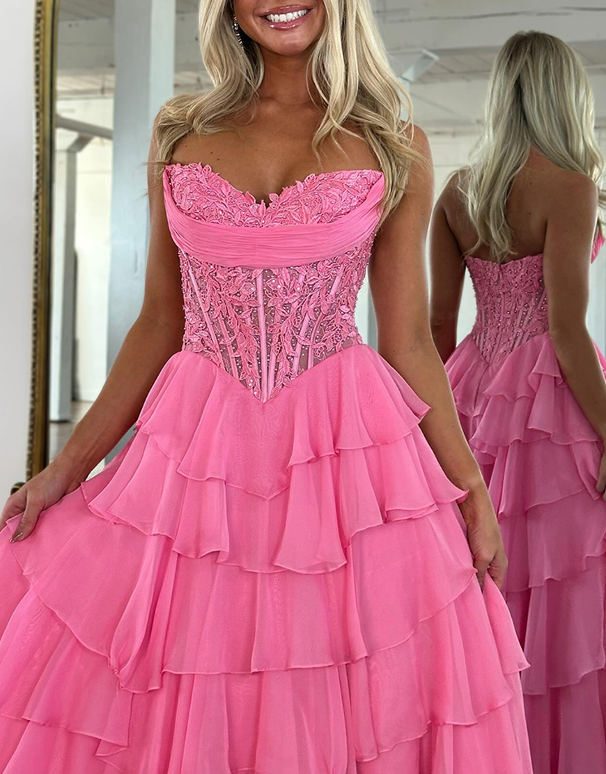 Blue A-Line Sweetheart Tiered Ruffled Corset Long Prom Dress with Lace