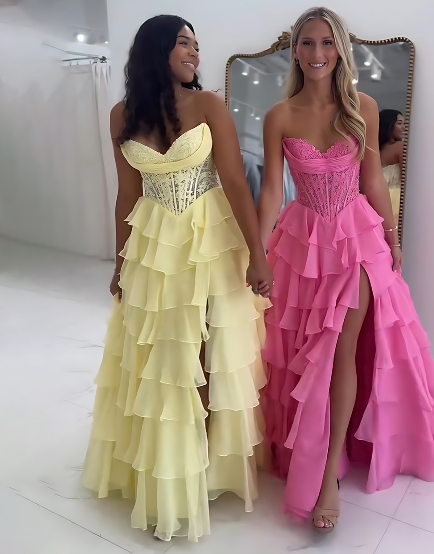 Blue A-Line Sweetheart Tiered Ruffled Corset Long Prom Dress with Lace