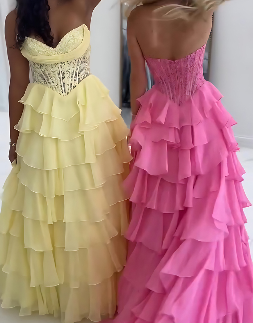 Blue A-Line Sweetheart Tiered Ruffled Corset Long Prom Dress with Lace