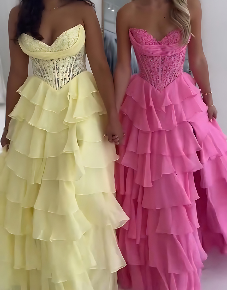 Blue A-Line Sweetheart Tiered Ruffled Corset Long Prom Dress with Lace