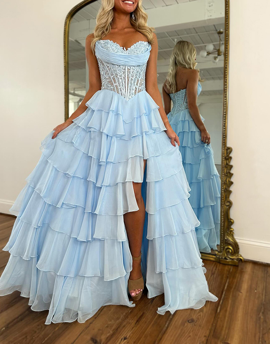 Berlinnova Women Light Blue Chiffon Corset Long Prom Dress with Lace Tiered Ruffled Sweetheart Ruched A Line Pageant Dress
