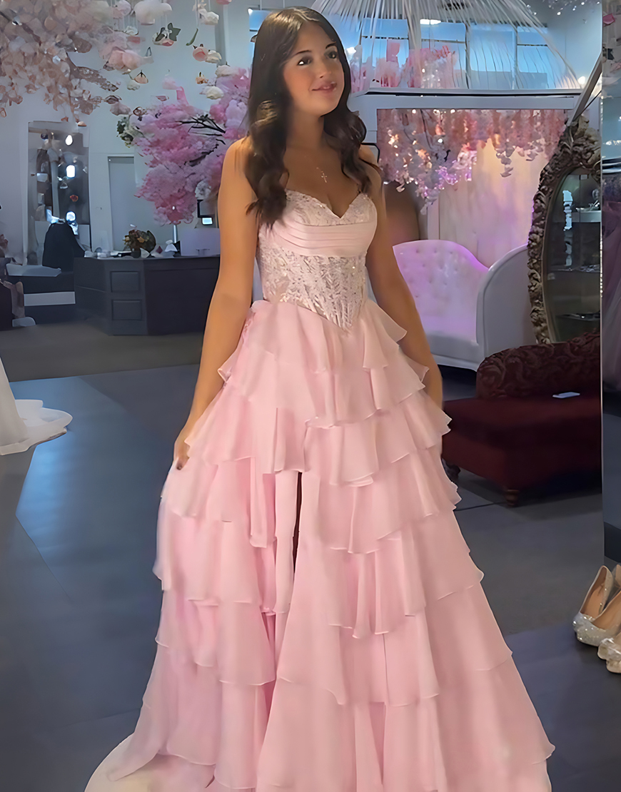 Blue A-Line Sweetheart Tiered Ruffled Corset Long Prom Dress with Lace