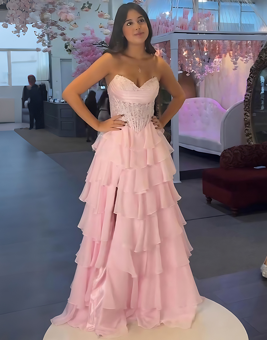 Blue A-Line Sweetheart Tiered Ruffled Corset Long Prom Dress with Lace