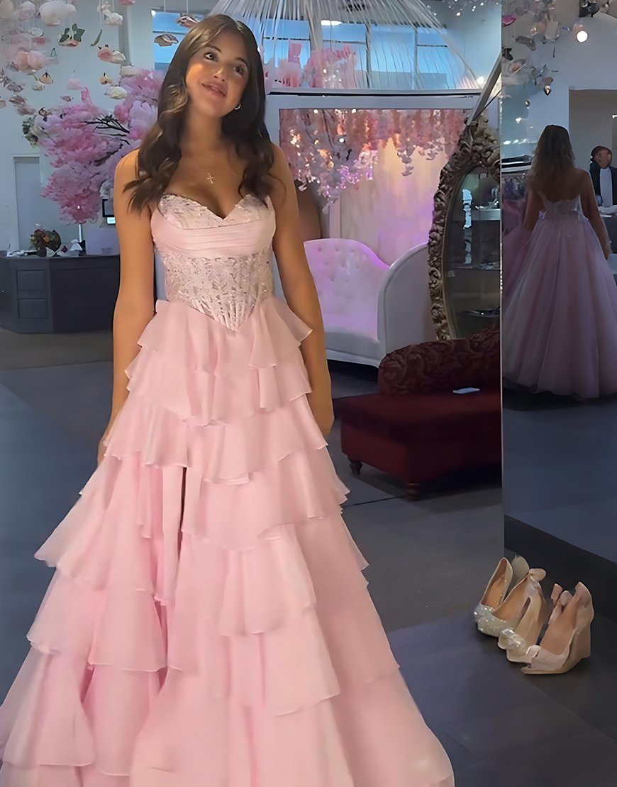 Blue A-Line Sweetheart Tiered Ruffled Corset Long Prom Dress with Lace