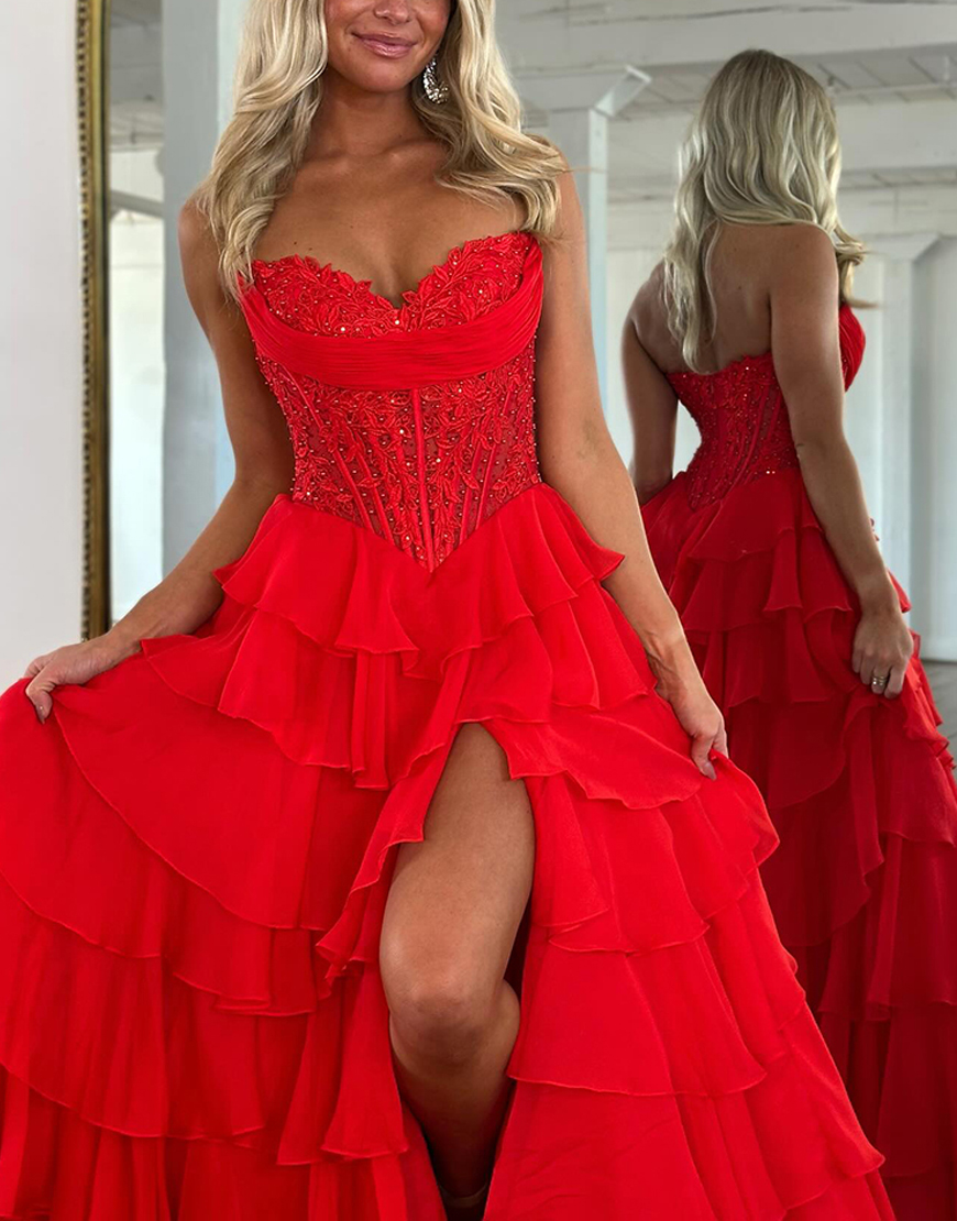 Blue A-Line Sweetheart Tiered Ruffled Corset Long Prom Dress with Lace