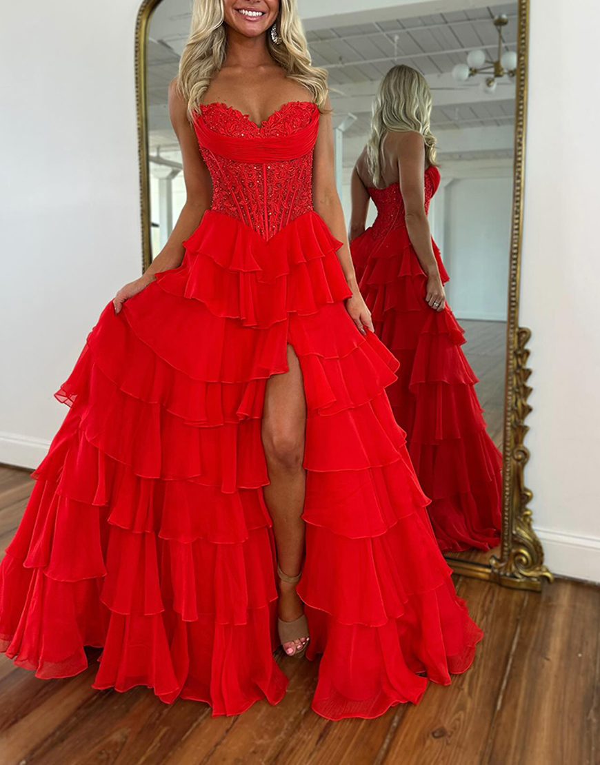 Blue A-Line Sweetheart Tiered Ruffled Corset Long Prom Dress with Lace