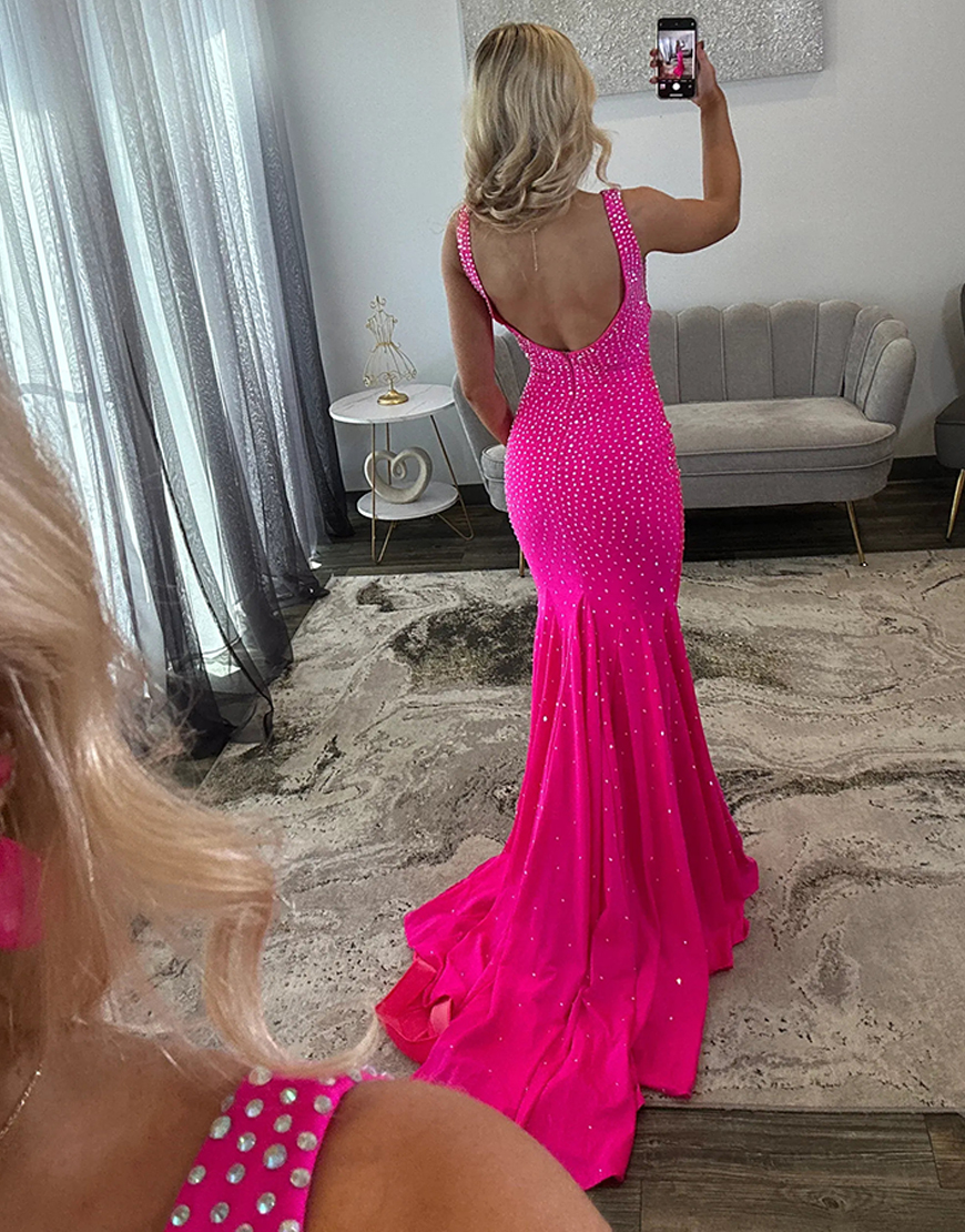 Sparkly Pink Beaded Mermaid V-Neck Long Prom Dress with Slit
