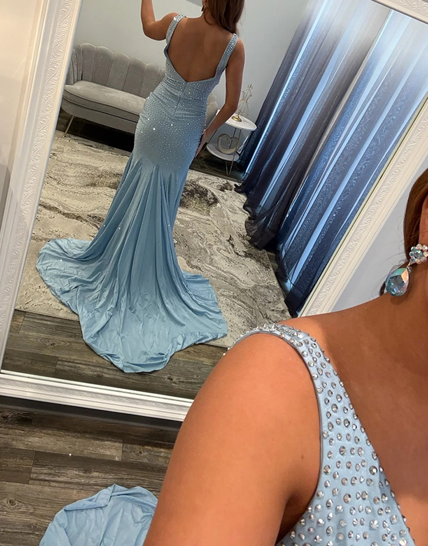 Sparkly Pink Beaded Mermaid V-Neck Long Prom Dress with Slit