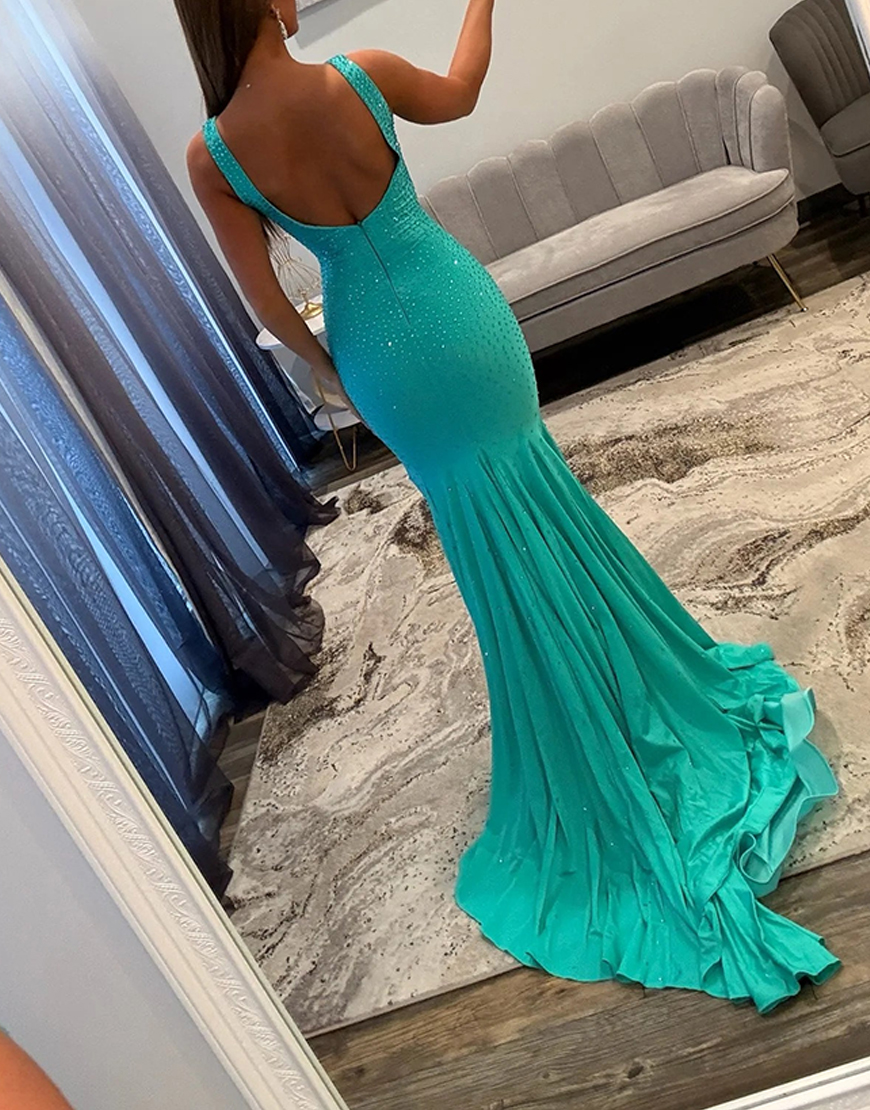 Sparkly Pink Beaded Mermaid V-Neck Long Prom Dress with Slit