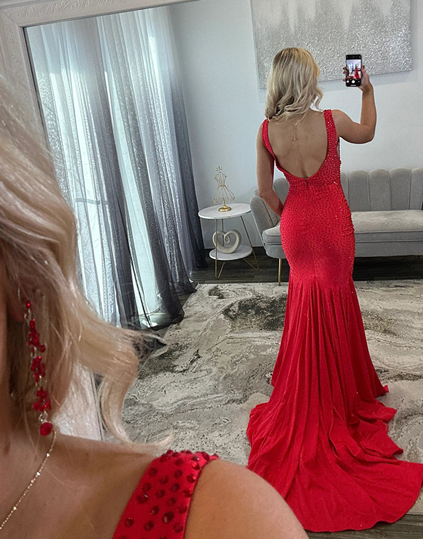 Sparkly Pink Beaded Mermaid V-Neck Long Prom Dress with Slit