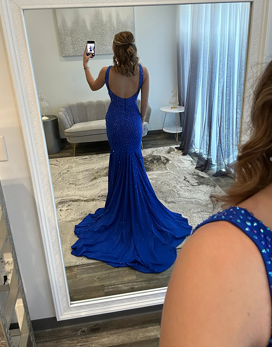 Sparkly Royal Blue V-Neck Mermaid Beaded Long Prom Dress with Slit