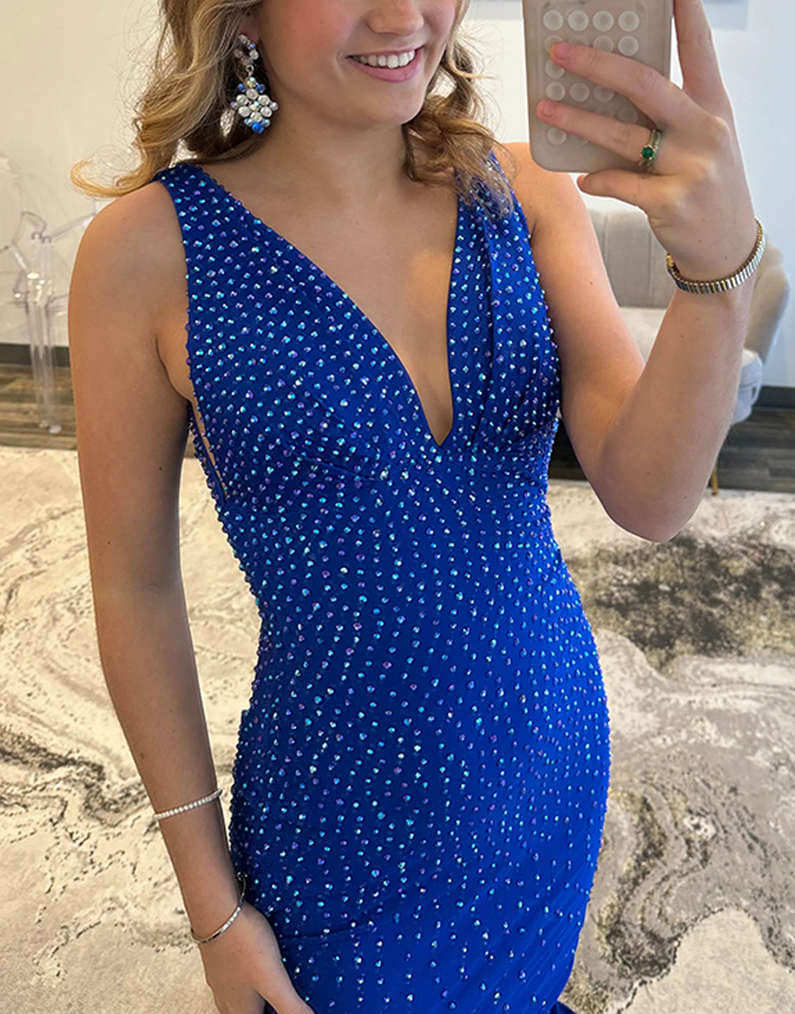 Sparkly Pink Beaded Mermaid V-Neck Long Prom Dress with Slit