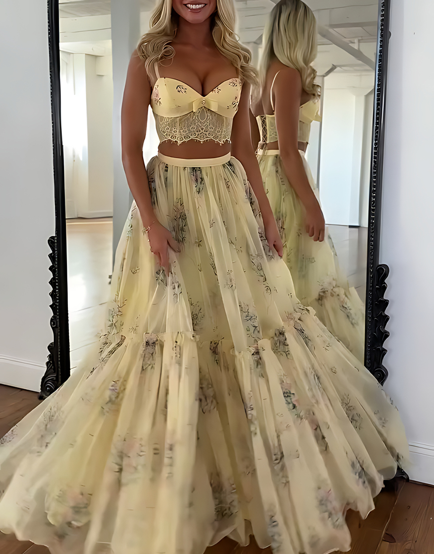 Blue Floral A-Line Spaghetti Straps Ruffled 2 Piece Corset Prom Dress