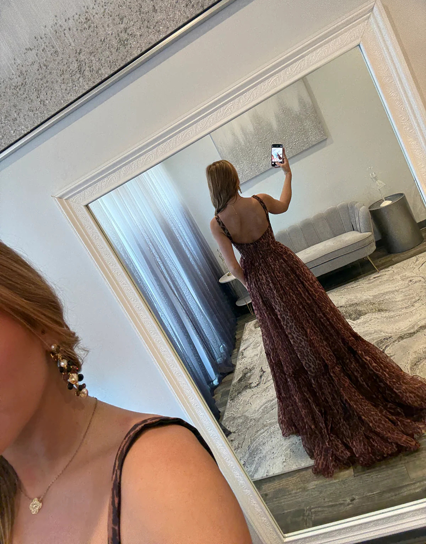 Coffee Leapord Corset Ruffled A Line Long Prom Dress