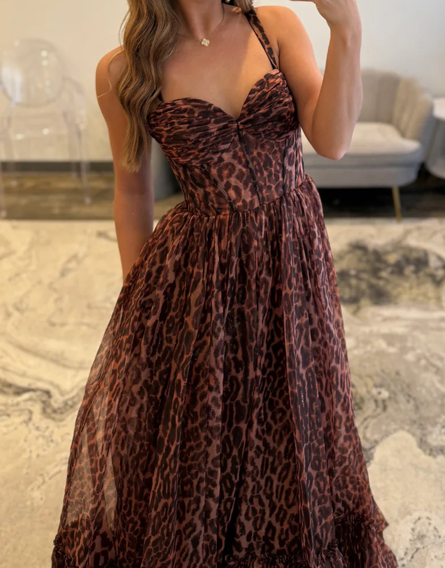 Coffee Leapord Corset Ruffled A Line Long Prom Dress
