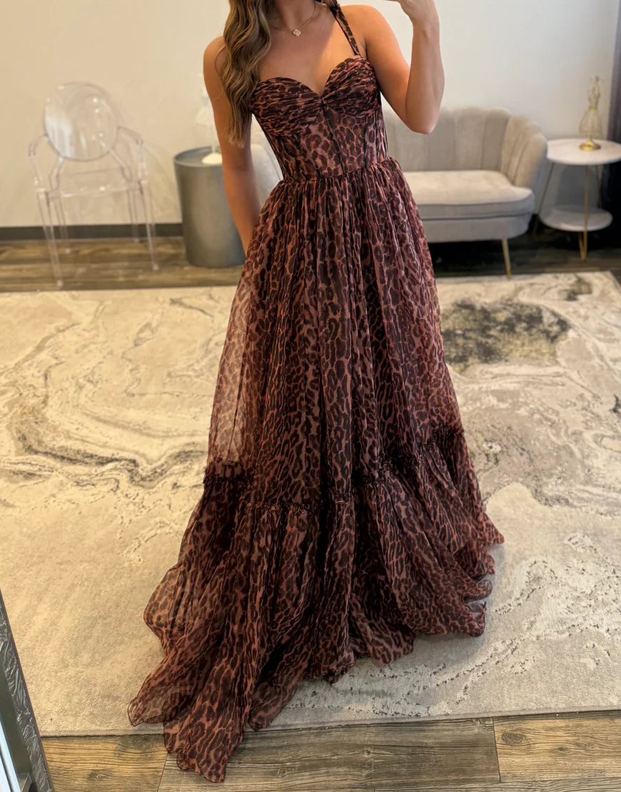 Coffee Leapord Corset Ruffled A Line Long Prom Dress