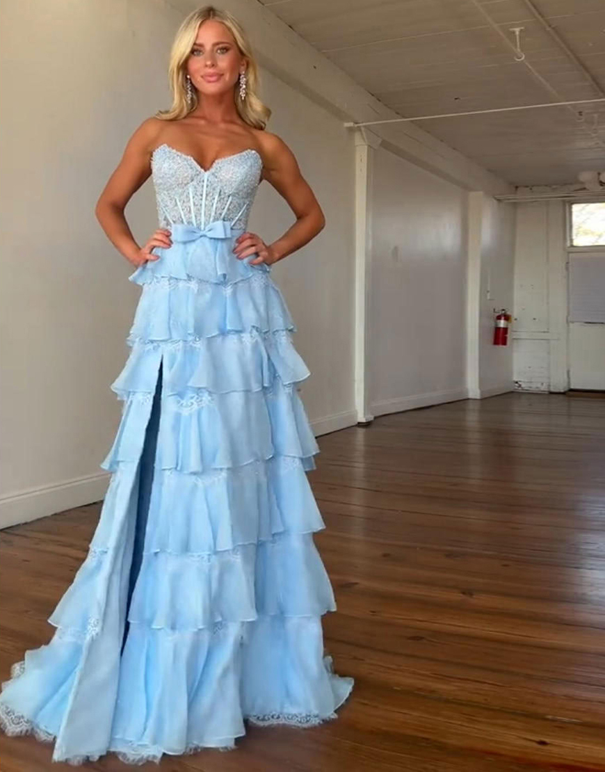 Blush Sweetheart Corset Lace Tiered Ruffled Long Prom Dress with Slit