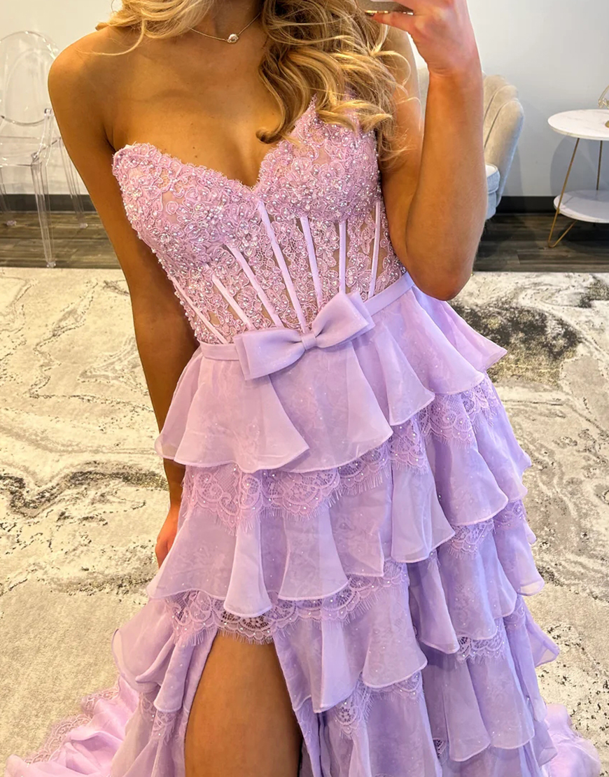 Blush Sweetheart Corset Lace Tiered Ruffled Long Prom Dress with Slit