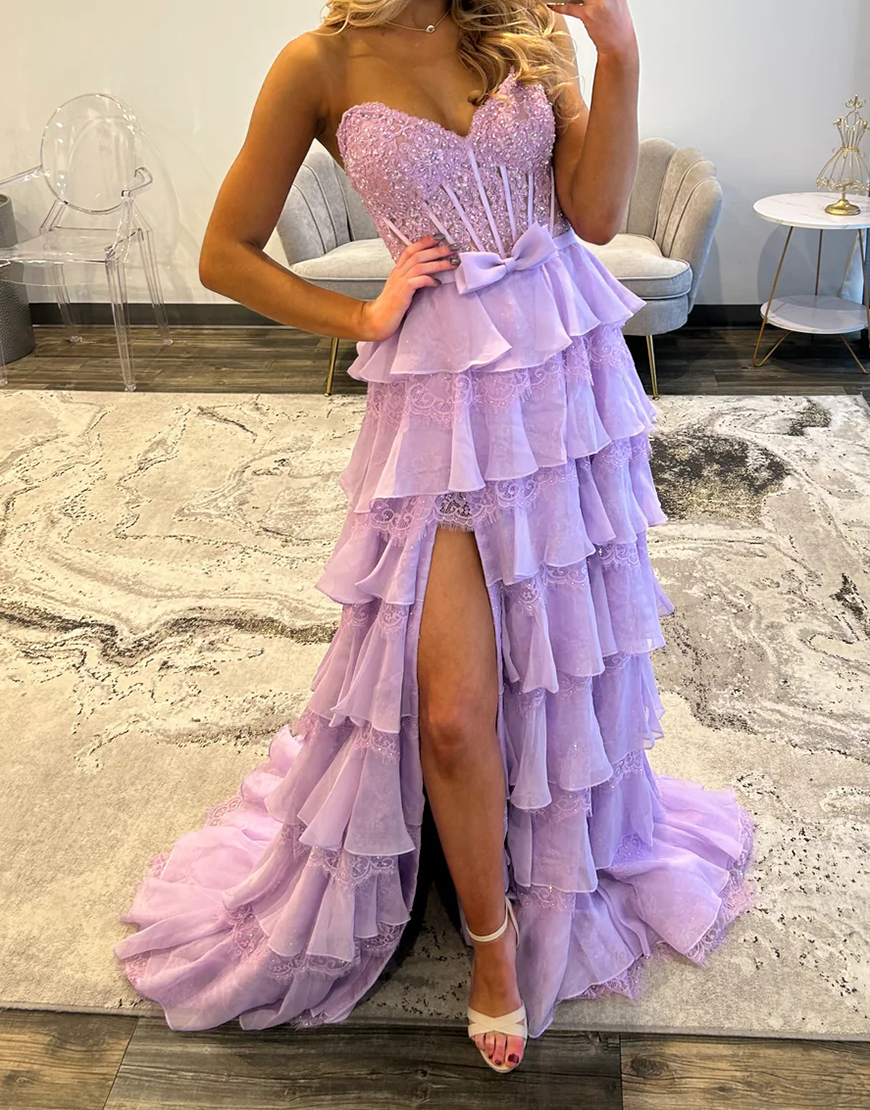 Blush Sweetheart Corset Lace Tiered Ruffled Long Prom Dress with Slit