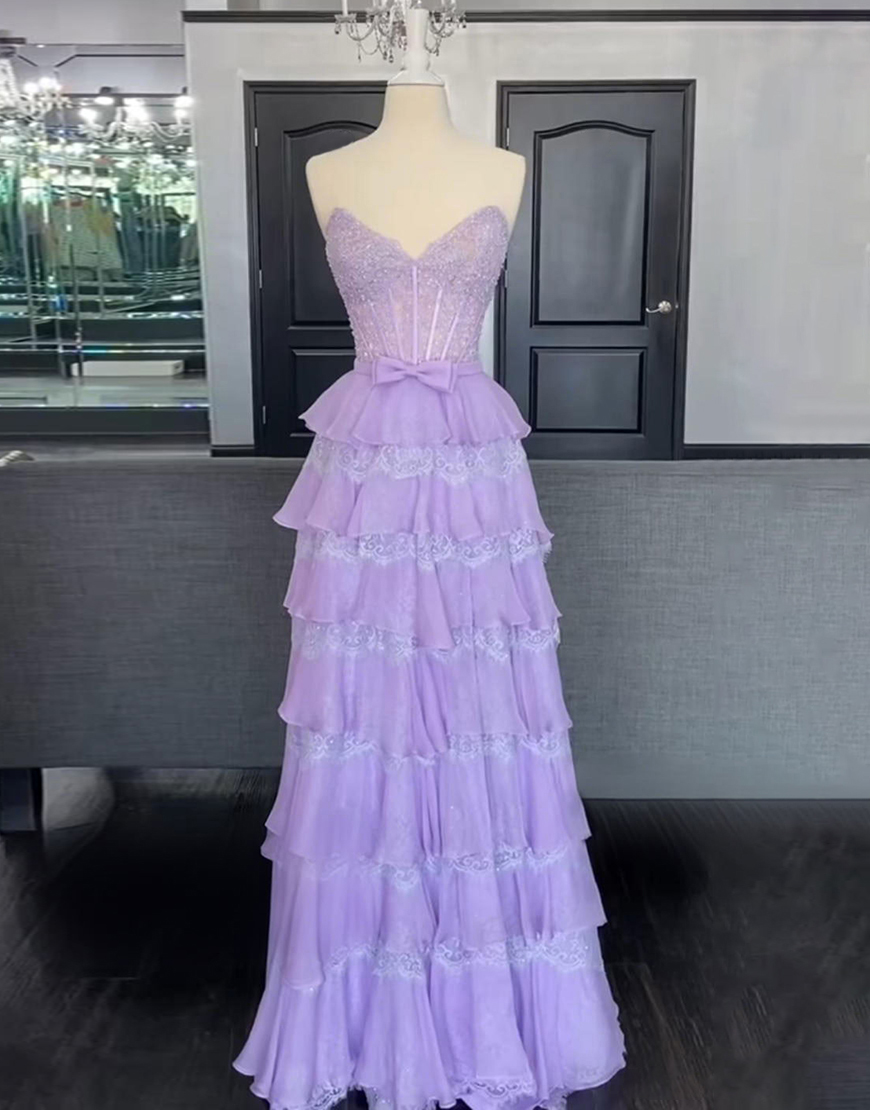 Blush Sweetheart Corset Lace Tiered Ruffled Long Prom Dress with Slit