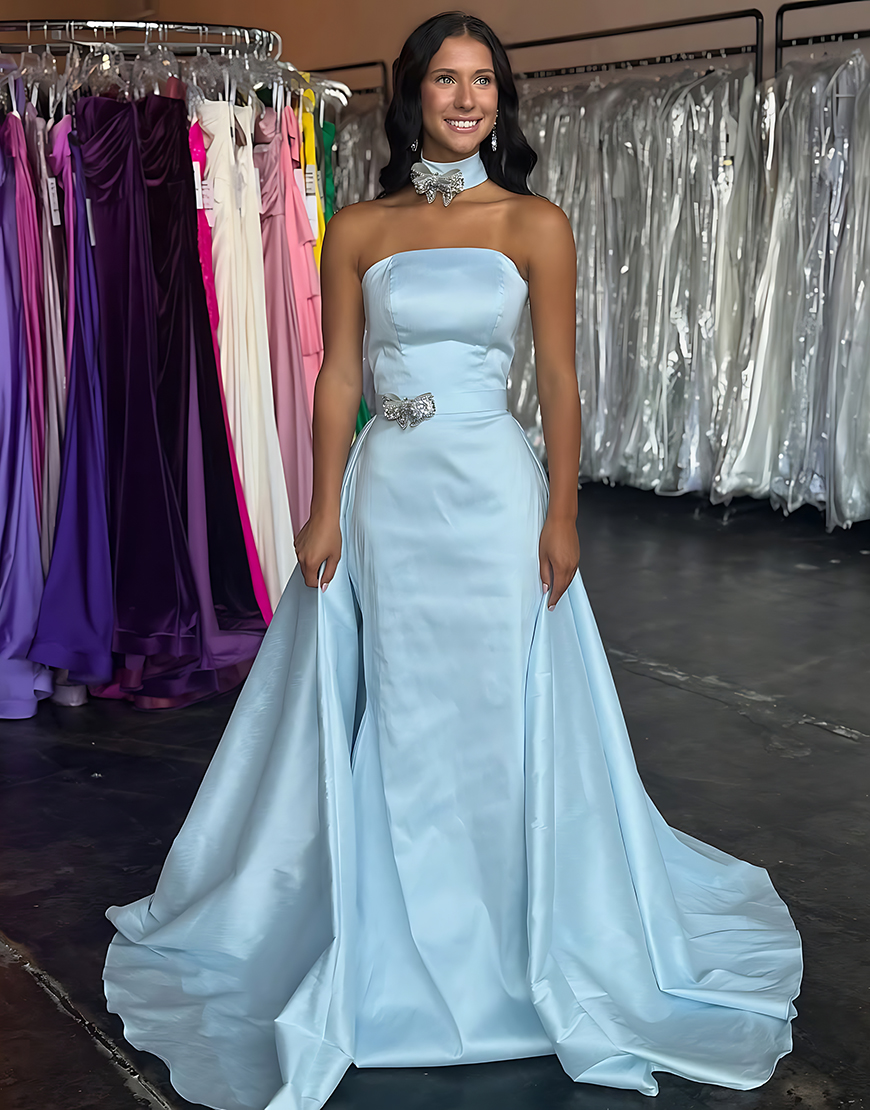 Light Blue Strapless Sheath Long Satin Prom Dress with Cape