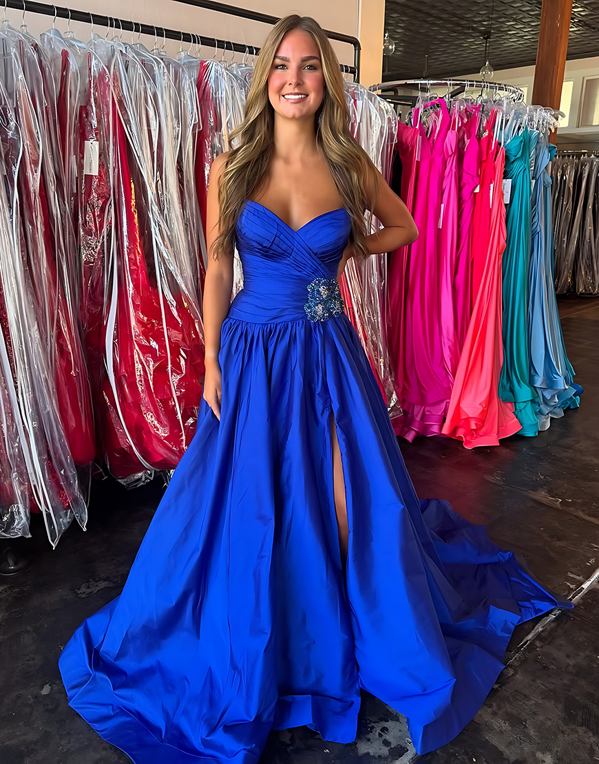 A Line Royal Blue Sweetheart Long Prom Dress with Slit