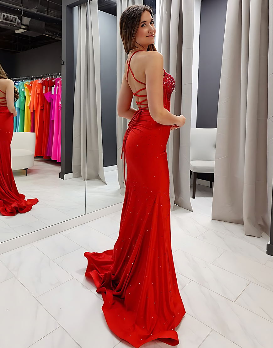 Sparkly Red Mermaid Spaghetti Straps Beaded Long Prom Dress