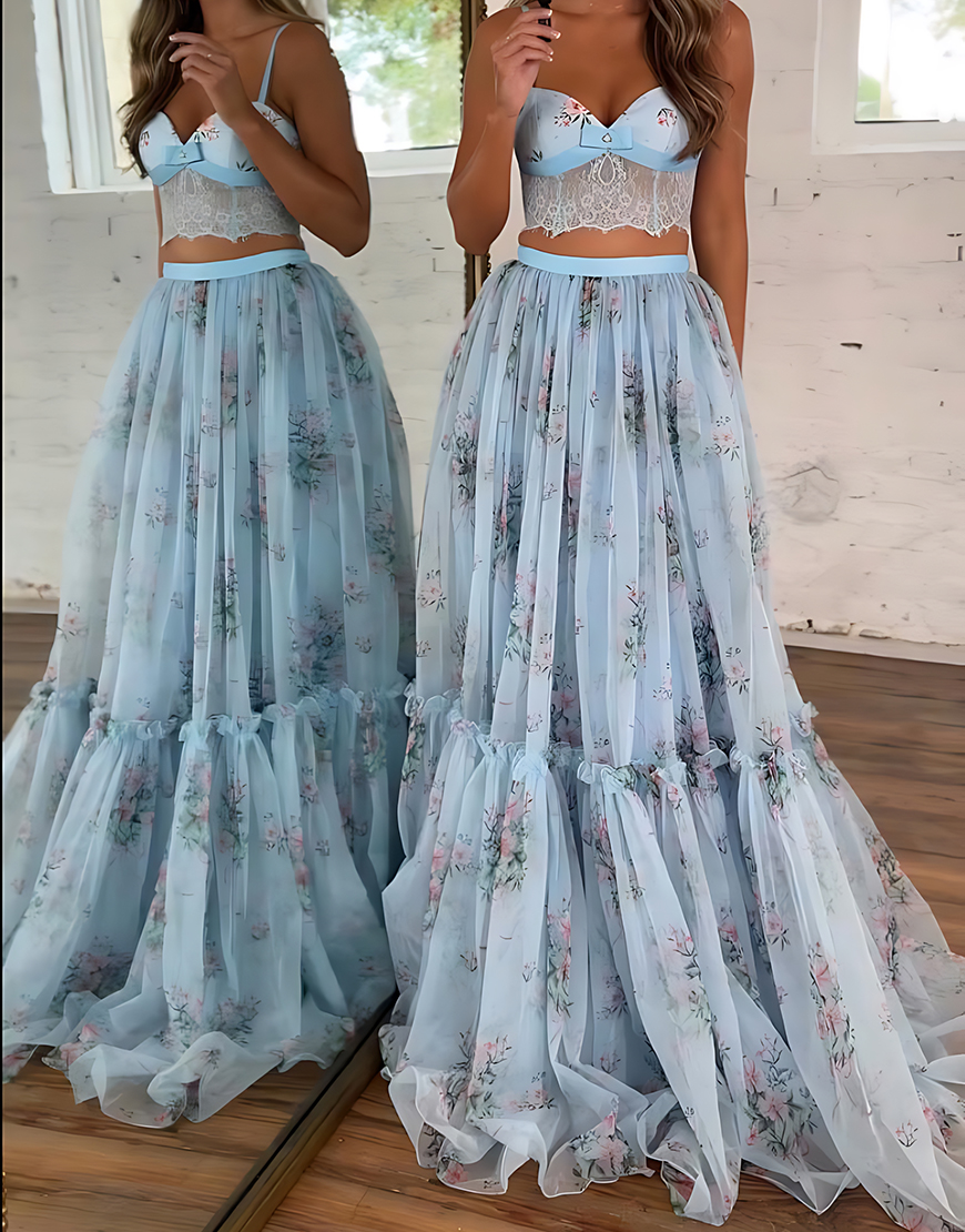 Blue Floral A-Line Spaghetti Straps Ruffled 2 Piece Corset Prom Dress