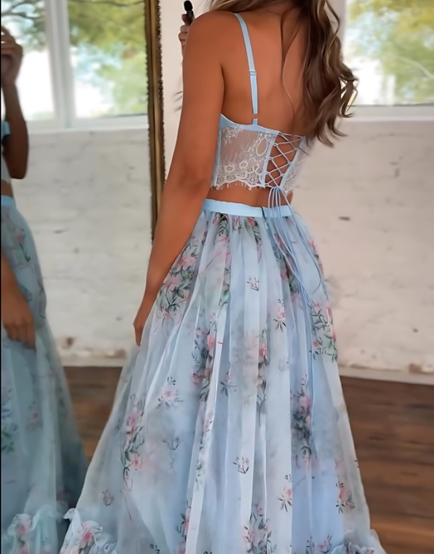Blue Floral A-Line Spaghetti Straps Ruffled 2 Piece Corset Prom Dress