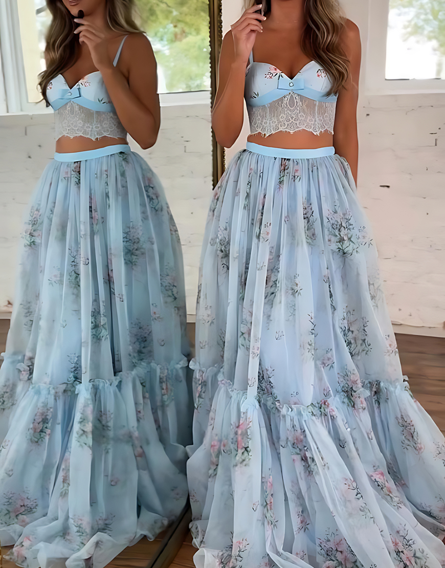 Blue Floral A-Line Spaghetti Straps Ruffled 2 Piece Corset Prom Dress