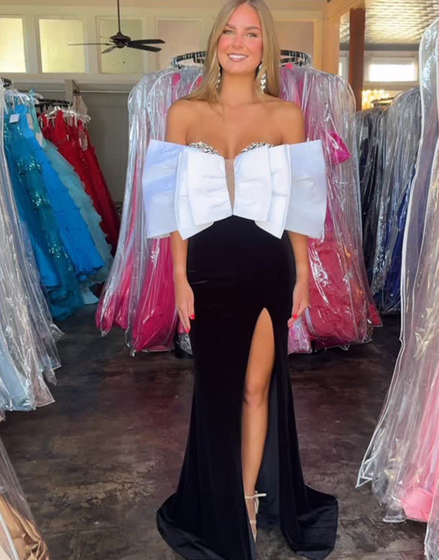 Sparkly Black Sheath Strapless Beaded Velvet Long Prom Dress with Slit