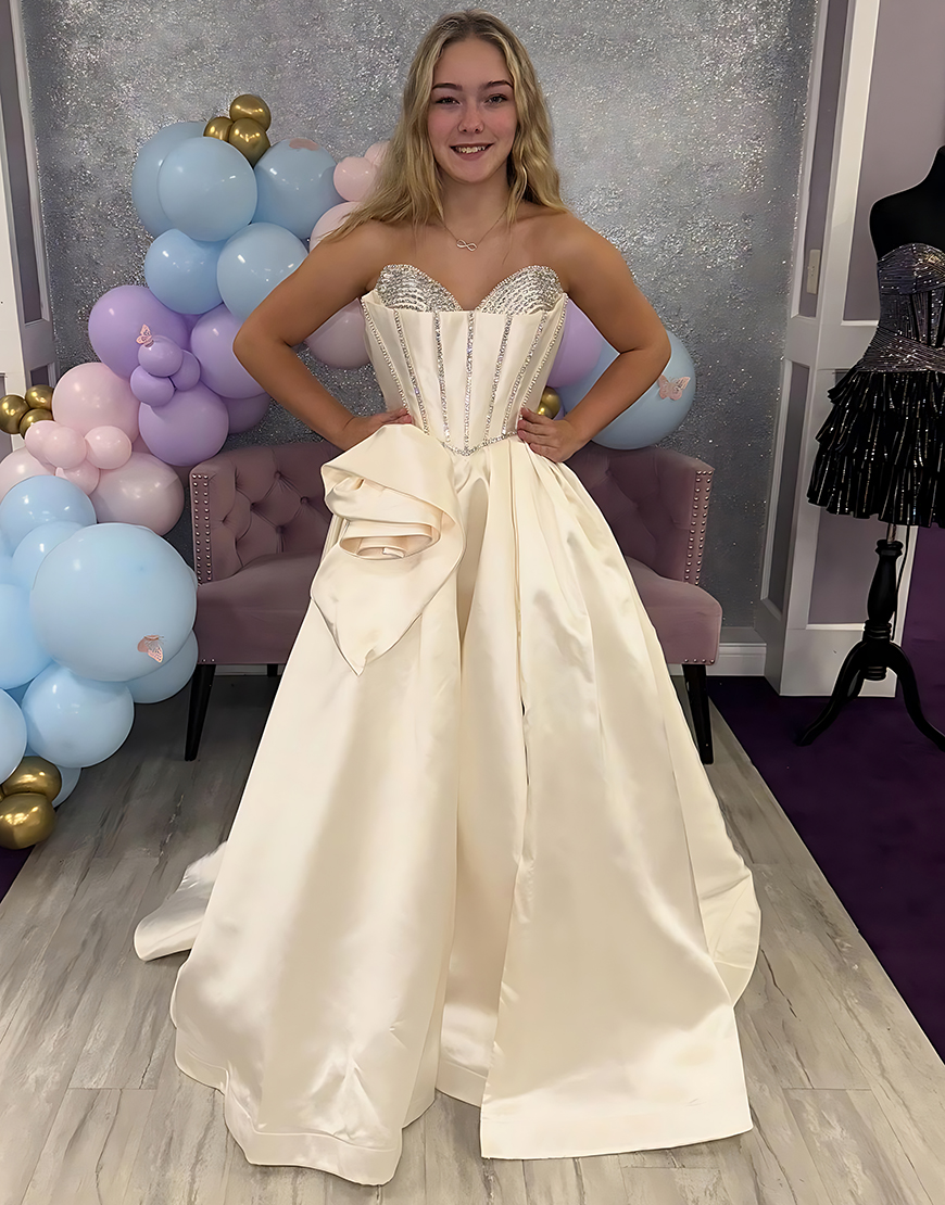 Sparkly Apricot Floral A Line Long Satin Prom Dress with Beading