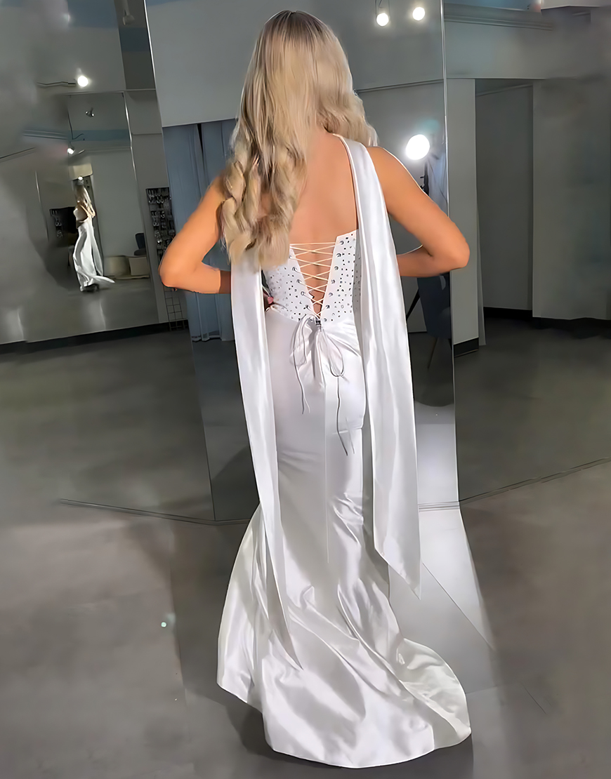 Sparkly White Sheath Strapless Long Satin Prom Dress with Beading