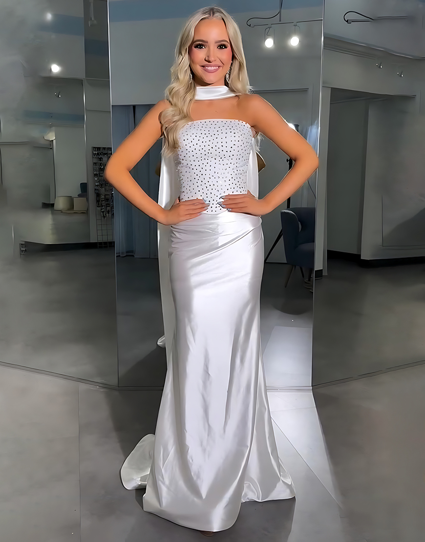 Sparkly White Sheath Strapless Long Satin Prom Dress with Beading