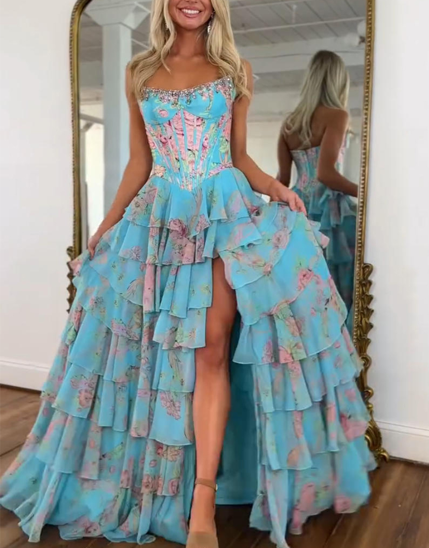 Berlinnova Women Sparkly Blue Floral Long Corset Pageant Dress with Slit Ruffled A Line Strapless Tiered Gala Dress with Beading