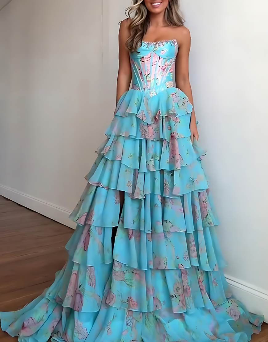 Sparkly Blue Floral Ruffled Long Corset Prom Dress with Slit