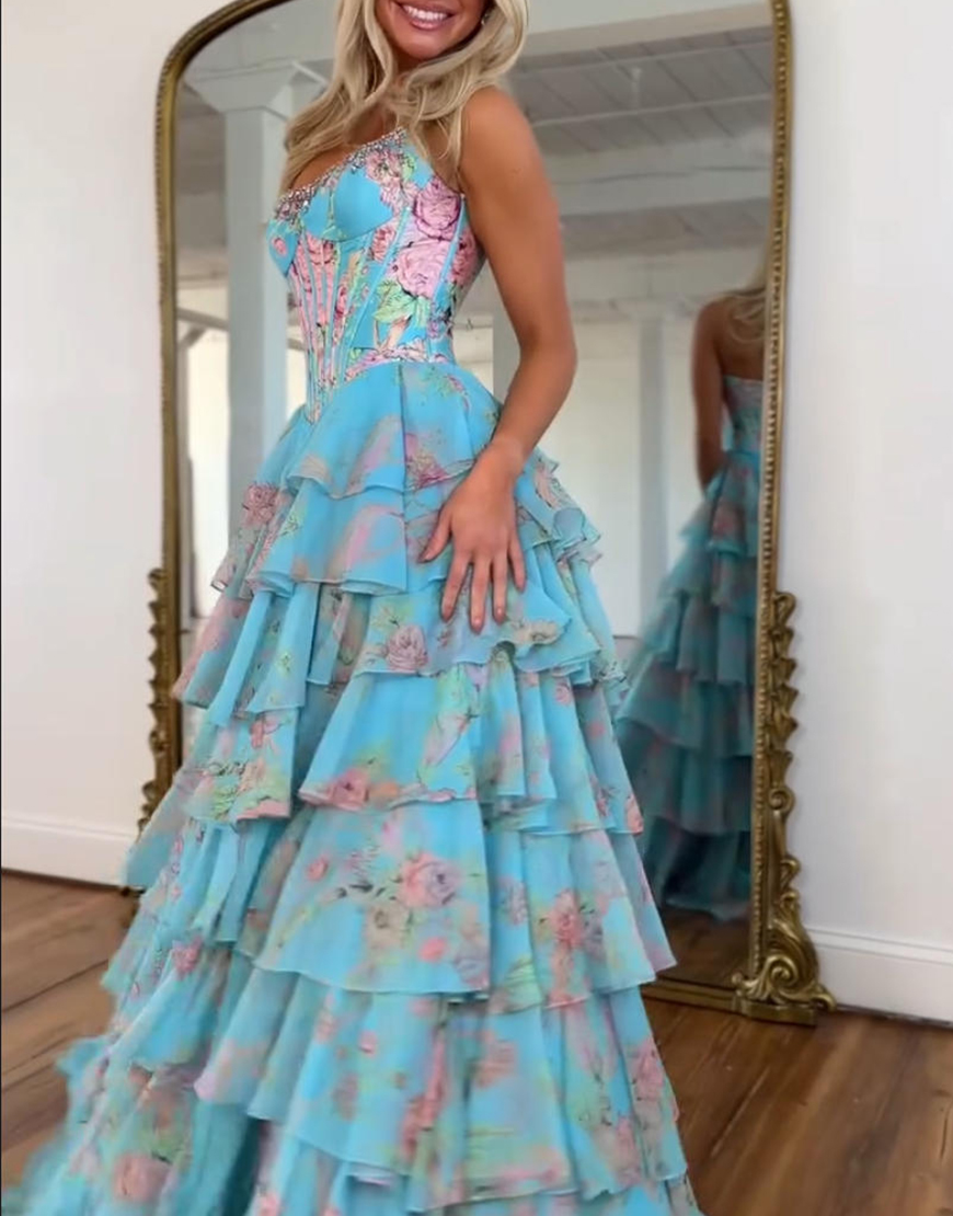 Sparkly Blue Floral Ruffled Long Corset Prom Dress with Slit