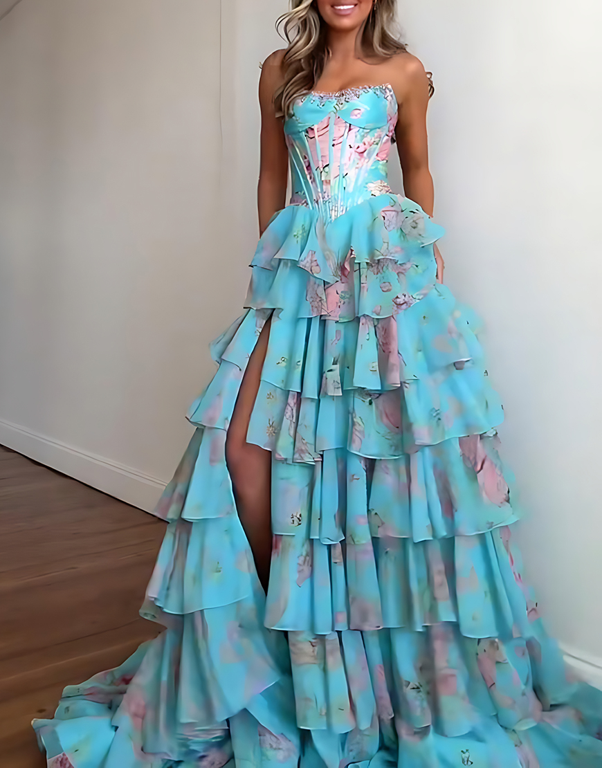 Sparkly Blue Floral Ruffled Long Corset Prom Dress with Slit