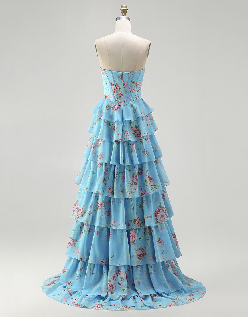 Sparkly Blue Floral Ruffled Long Corset Prom Dress with Slit