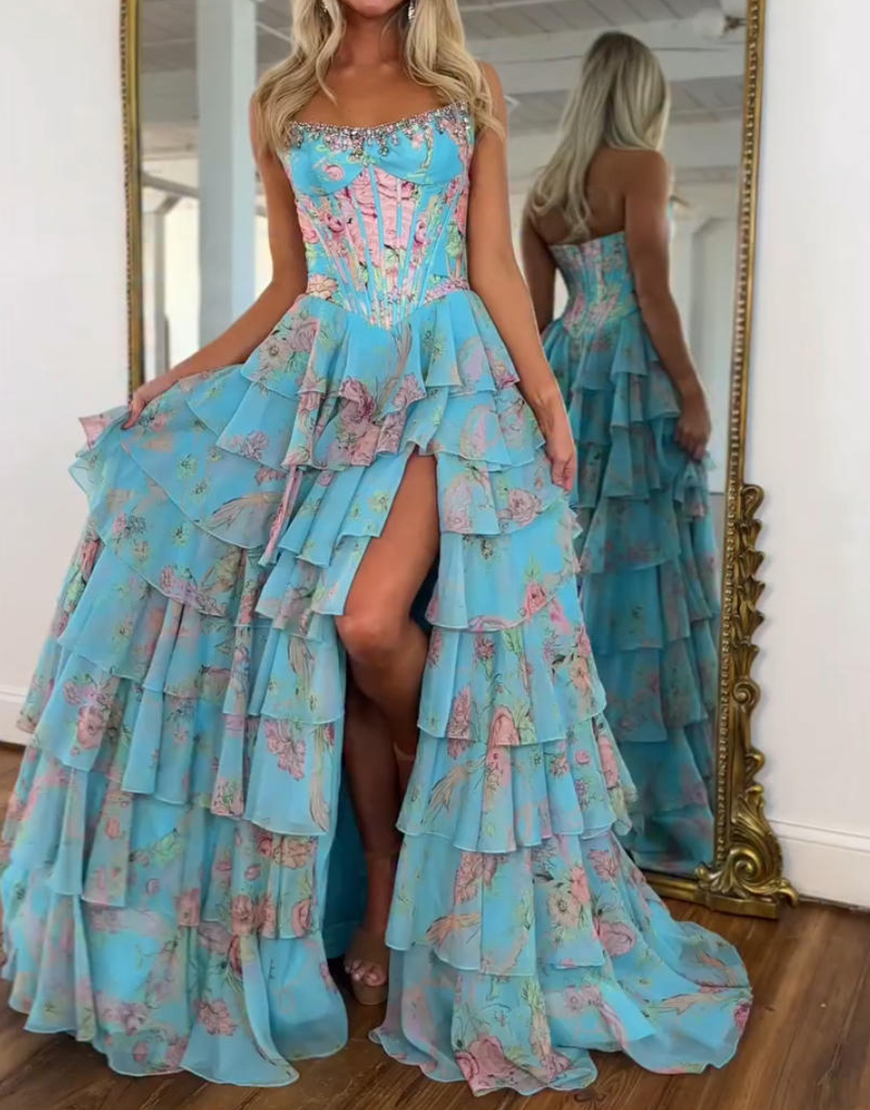 Sparkly Blue Floral Ruffled Long Corset Prom Dress with Slit
