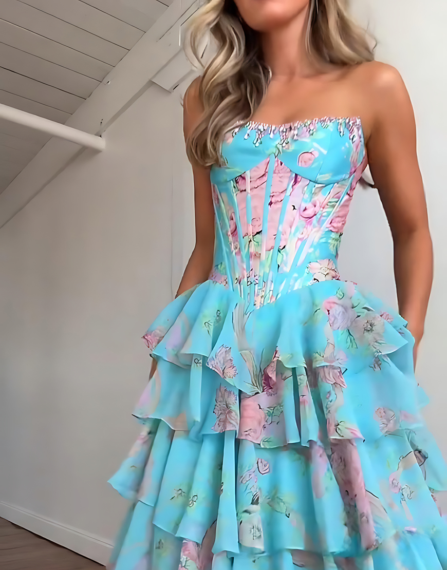 Sparkly Blue Floral Ruffled Long Corset Prom Dress with Slit