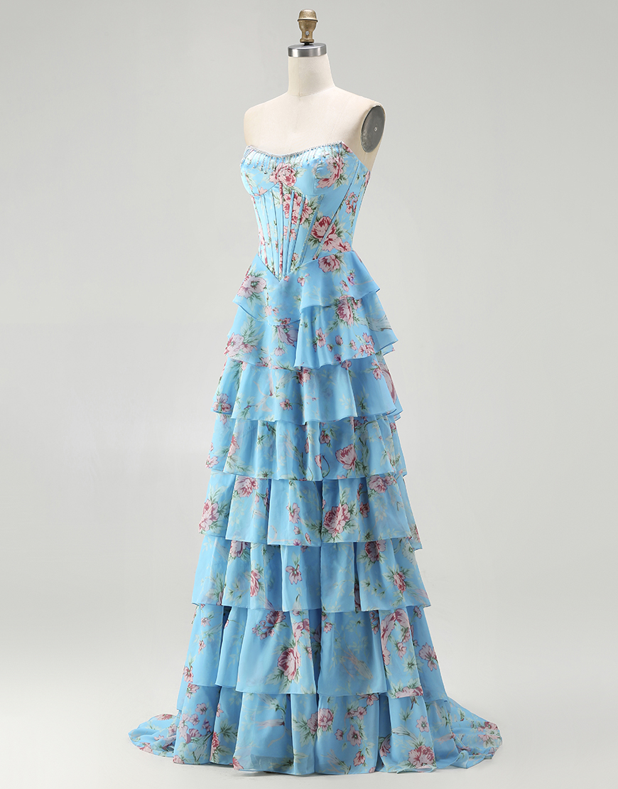 Sparkly Blue Floral Ruffled Long Corset Prom Dress with Slit